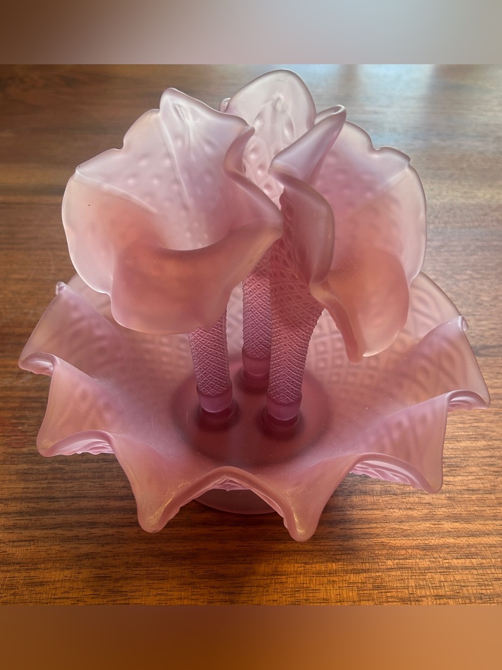 Vintage Fenton Glass Diamond Lace 3 Horn Epergne in Dusty Rose or Rose Magnolia
